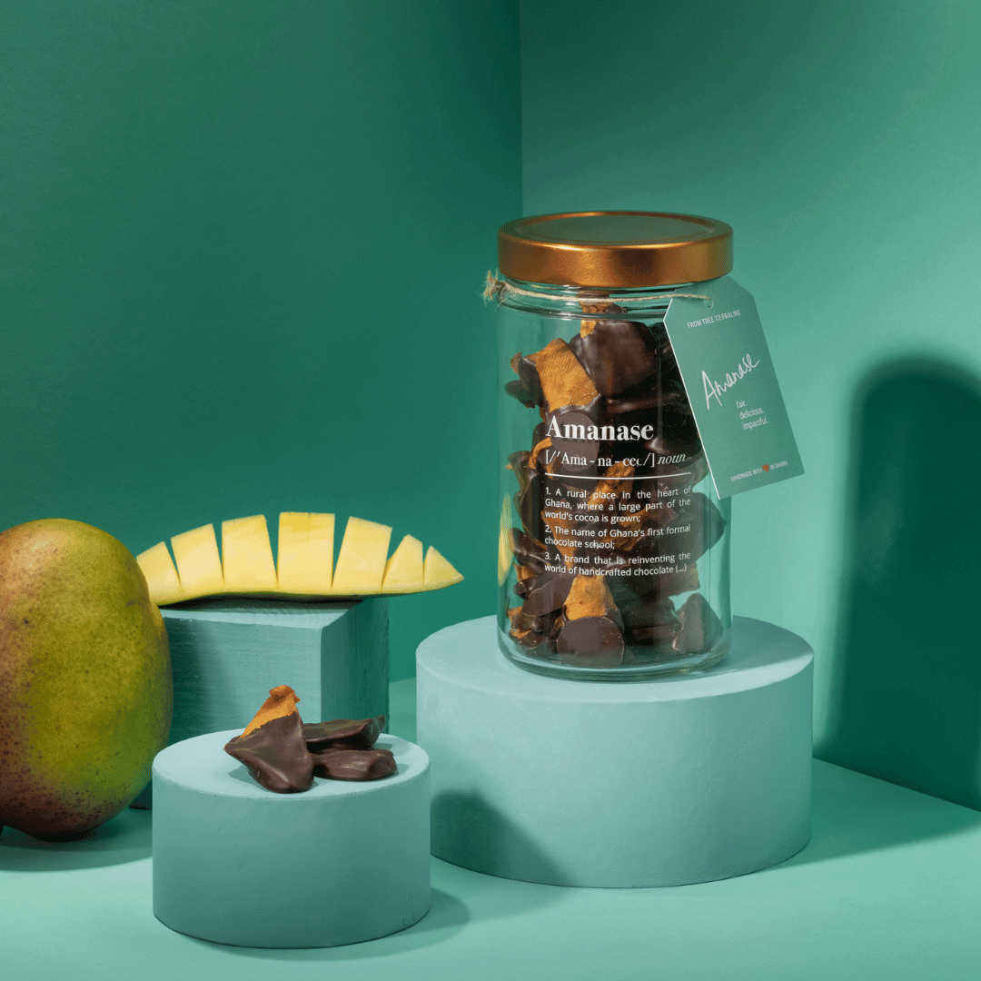 Amanase Vegane Faire Bio Mangos in Dunkler Schokolade – Handgemacht aus Ghana